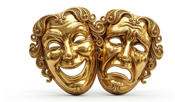 Golden Theater Masks of Comedy and Tragedy - Great for Acting Classes, Drama Posters, Play Tickets, and Entertainment Media