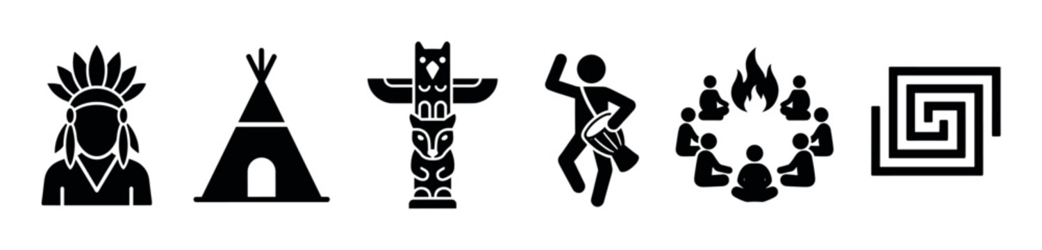 Collection of indigenous culture icons representing traditional symbols and activities like a chief, teepee, totem pole, and campfire gathering.
