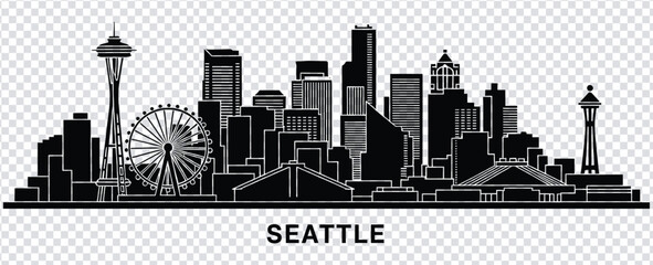 Vector illustration black and white seattle city skyline silhouette with space needle and ferris wheel © MdshakiburRahman