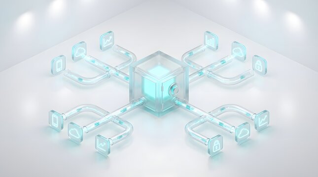 Futuristic 3D glass network hub connecting digital icons with glowing data streams on white background