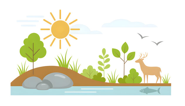 A serene landscape with a deer, fish, and plants by a sunny riverbank, biotic abiotic ecosystem