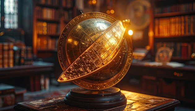 An Ornate Brass Astrolabe With Intricate Markings Rests On A Dark Wooden Stand In A Scholarly Setting