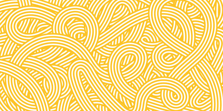 Noodle Ramen Pattern background. Wave yellow spaghetti lines. Abstract pasta food texture. Macaroni poster. Chinese or Italian cuisine packaging. Vector illustration