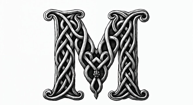 Ornate Celtic knot letter M. Monogram features intricate interlaced patterns. Black and white ornamental alphabet initial. Decorative traditional tribal design element.