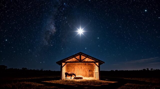 Nighttime stable with starry sky