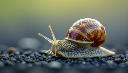 A close-up of a snail slowly crawling across a surface strewn with small dark pebbles. The snail is centered in the frame, its body taking up most of the image.