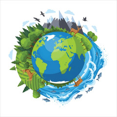 Naklejka premium vibrant earth with diverse ecosystems, wildlife, and flowing water, showcasing nature's beauty and interconnectedness vector design