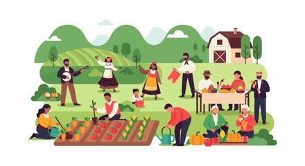 Naklejka premium Diverse Community Harvest Festival Illustration. People Gardening, Farming, and Celebrating Traditional Rural Life with Music, Food, and Autumn Crops.