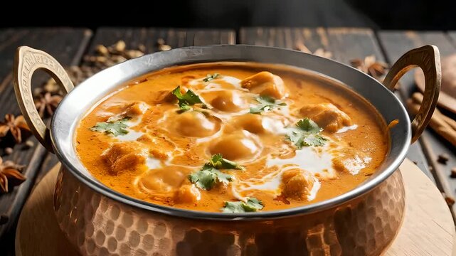 Close-up of hot bubbling butter chicken curry in a rustic copper bowl.