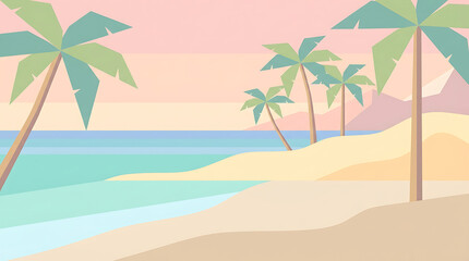 Obraz premium Geometric flat vector landscape illustration of a tropical beach with palm trees