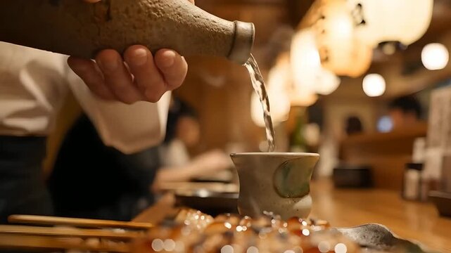Chef pouring traditional sake into a ceramic cup at a Japanese izakaya.