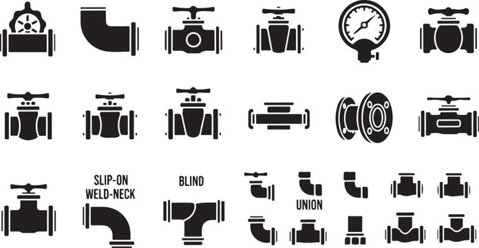 Black and white of various pipe fittings and valves in a grid layout des