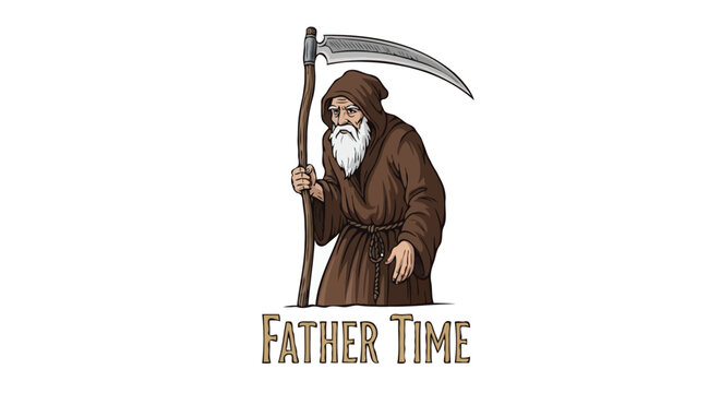 Father Time Allegory Character Illustration with Scythe and Brown Robe