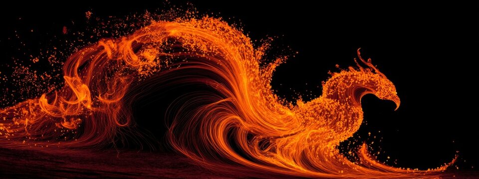 Fiery Phoenix Silhouette Formed by Swirling Flames and Sparks in Dramatic Inferno Background