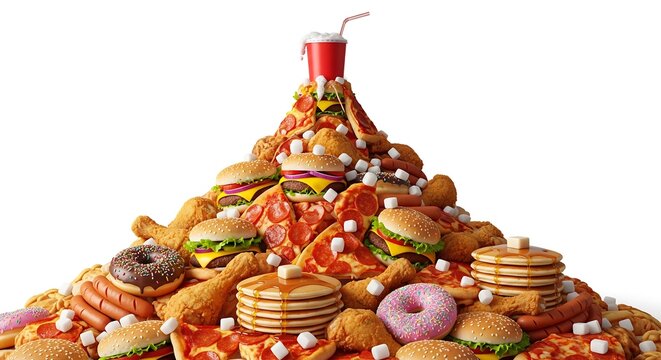 A towering mountain of various fast food items and desserts