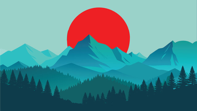 A minimalist digital illustration featuring a large red sun rising behind layered blue mountains