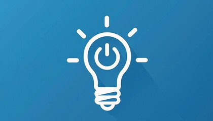 Fototapeta premium Minimalist white lightbulb icon with power symbol inside on blue background. Symbolizes new idea, innovation, startup concept, solution, or energy.