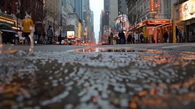 City street puddle reflection at sunset