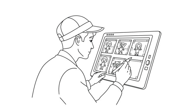 Man in cap creating comic on digital tablet with stylus vector flat illustration isolated on white background
