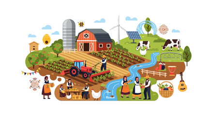 Fototapeta premium Sustainable Farming Illustration: Holistic Farm Ecosystem with Farmers, Tractor, Barn, Livestock, Crops, Solar Power, and Wind Energy.