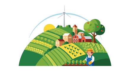 Obraz premium Flat Design Vector of Sustainable Farm Village Landscape. Farmer Planting Seedlings on Green Terraced Hills with Barns, Houses, and Wind Turbine.