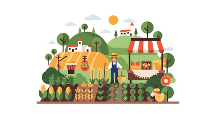 Obraz premium Flat Vector Illustration of Farmer, Crops, and Local Produce Farm Stand in Rural Landscape. Organic Agriculture and Harvest Scene.