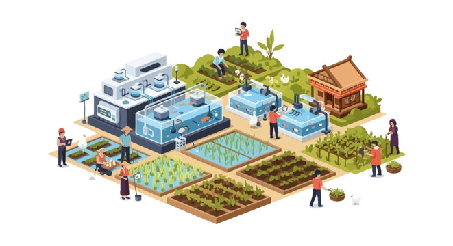 Isometric Smart Integrated Farming System Illustration. Modern Aquaponics, Agri-Tech, and Sustainable Food Production Concept.
