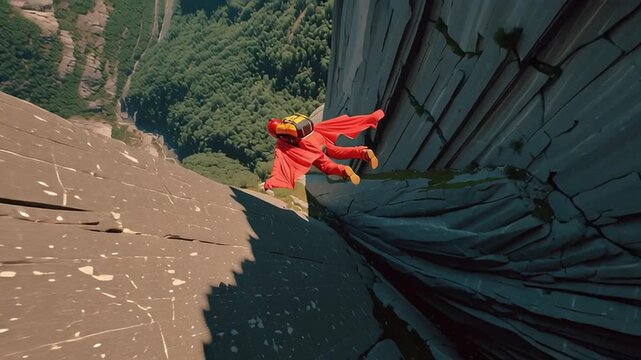 Wingsuit flyer soaring through epic mountain valley