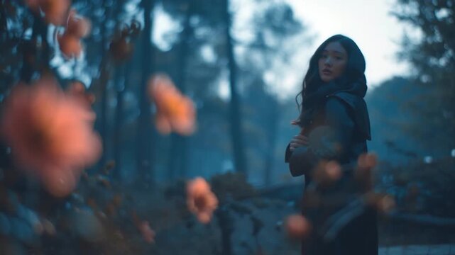 Pink flower blossoming in dark moody forest