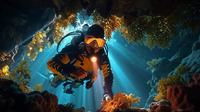 Scuba diver exploring underwater cave with flashlight