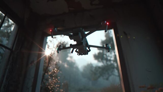 Drone flying inside dark abandoned building