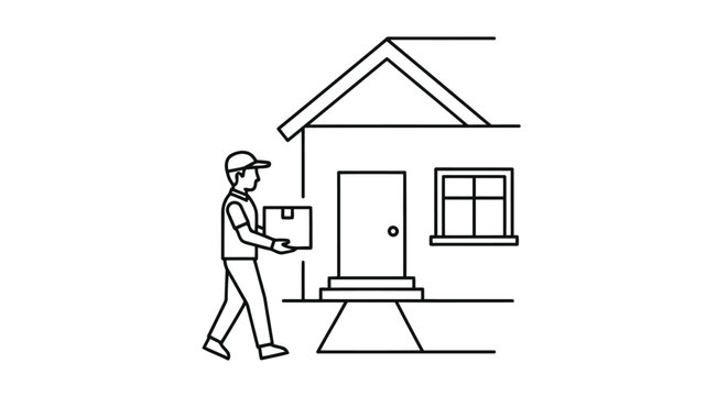 Delivery man carrying box to house with gable roof and window isolated on white background