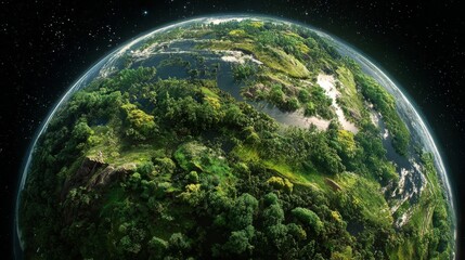 Obraz premium Aerial View of Earth Surrounded by Vibrant Forests and Vast Blue Oceans Floating in the Expansive Universe