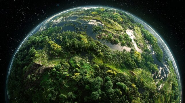 Aerial View of Earth Surrounded by Vibrant Forests and Vast Blue Oceans Floating in the Expansive Universe