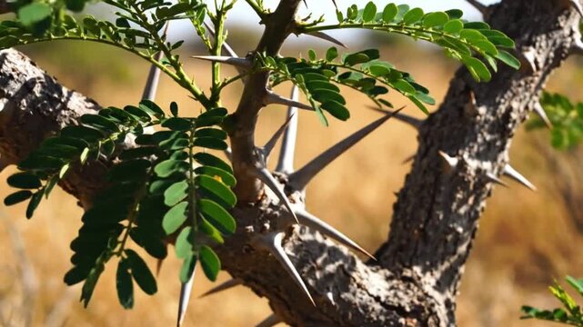 Close-Up of Thorny Acacia Branch in Arid Landscape. Detailed view of an acacia branch with sharp thorns in a dry. sunlit environment.