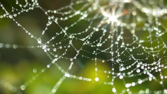 Close-up of a spider web adorned with dew drops in sunlight.