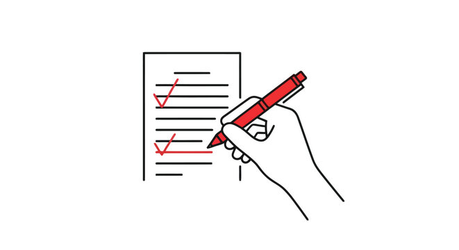Hand holding red pen checking boxes on a form with checklist, flat illustration isolated on white background