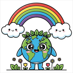 Obraz premium Joyful cartoon Earth with a leafy crown, standing happily beneath a vibrant rainbow and smiling clouds, symbolizing environmental care and a flourishing planet vector design