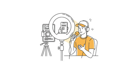 Fototapeta premium Man recording video with ring light and microphone in flat design isolated on white background