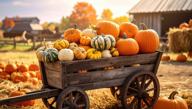 Rustic wooden cart brimming with an abundant harvest of pumpkins and gourds, showcasing autumn's vibrant bounty