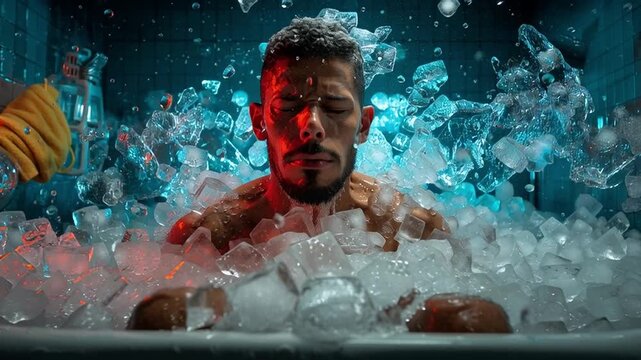 Athlete screaming in freezing ice bath recovery