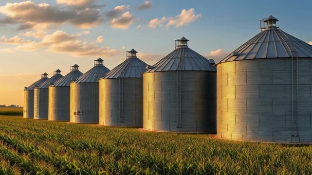 A serene rural landscape featuring a row of six large, metallic grain storage silos standing amidst a lush green field under a vibrant sky with scattered clouds