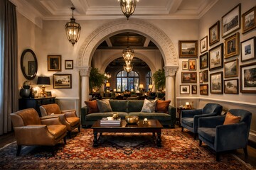 Fototapeta premium Luxury Boutique Hotel Lounge Interior with Elegant Sofa Seating, Persian Rug and Warm Ambient LightingKeywords (50 คำ):