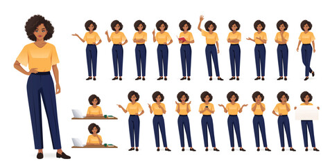 Large collection of young business African American woman with afro hairstyle in various poses, standing and sitting at office desk. Isolated vector illustration character set © Volha Hlinskaya