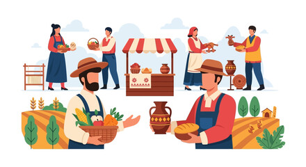 Fototapeta premium Traditional Farmers Market Vector Illustration. People Trading Organic Produce, Handmade Crafts, and Local Goods at a Rural Farm Stall.