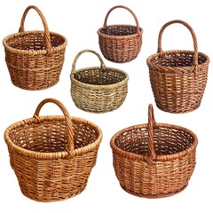Obraz premium Woven baskets. Various shapes, sizes, and colors of light and dark brown willow baskets on a white background