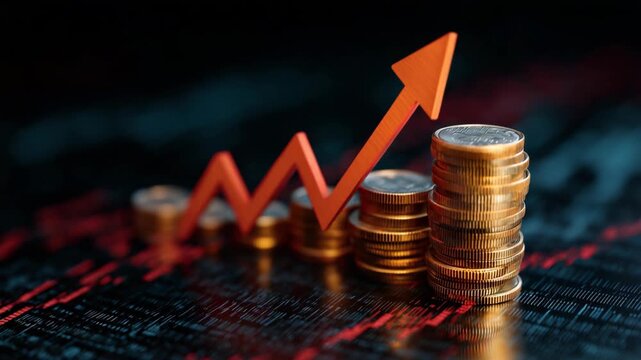Red arrow rising above a stack of gold coins symbolizing financial growth, profit increase, investment success, and economic trend in business and finance.