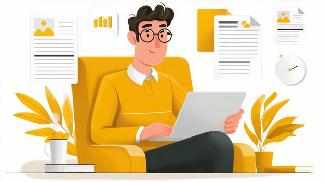 Cartoon minimal style businessman reading a document on laptop while sitting on a cozy sofa. Modern remote work concept showing productivity and relaxed home office lifestyle.