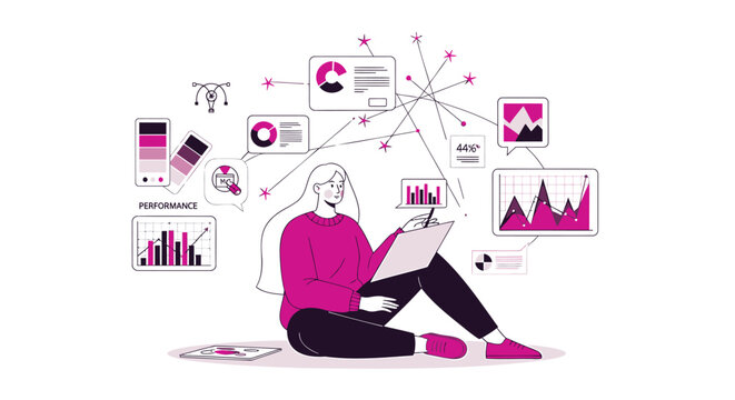 Vector illustration of woman analyzing data and statistics