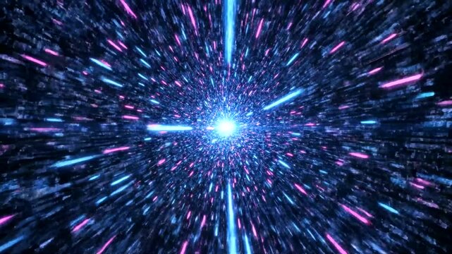 Abstract digital space tunnel with bright light at the end of the tunnel.